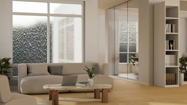 快適なソファ付きのモダンな現代的なオフィスラウンジリラクゼーションエリアのインテリアデザイン コーヒーテーブルのラップトップ オフィス棚 奥の会議室 3Dレンダリング 3Dイラスト — ストック写真