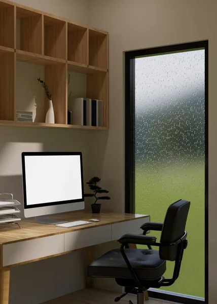 简约舒适的家庭办公空间 配有个人电脑台式计算机模型和木桌 办公椅 内置式壁架和窗户等配件 3D渲染 3D说明 — 图库照片