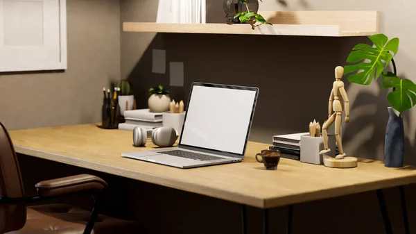 简约的写字台工作空间 笔记本电脑 白色屏幕模型 文具和装饰在木制桌子上的灰色墙壁 与壁架和装饰 3D渲染 3D说明 — 图库照片