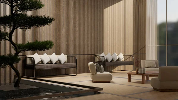 Luxury contemporary zen Japanese hotel lounge interior design with comfortable couch, large bonsai tree, coffee table, wood plank wall, large glass wall. 3d render, 3d illustration