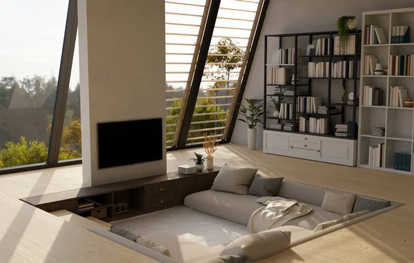 现代下沉客厅室内设计舒适的沙发 墙上的电视 书架和家居装饰 3D渲染 3D说明 — 图库照片