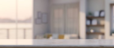 Arka plandaki modern modern oturma odasının üstündeki beyaz mermer masa üzerinde maket alanı. 3d görüntüleme, 3d illüstrasyon