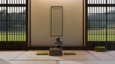 Geleneksel Japon zen oturma odası tarzı ahşap kahve sehpası, Tatami zemininde yastıklar, duvarda boş çerçeve modeli. 3d görüntüleme, 3d illüstrasyon