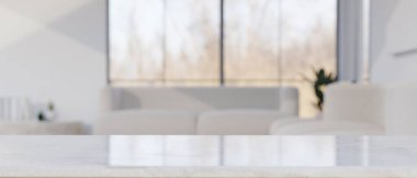 Ürününüzün görüntüsünü görüntülemek için uzayı, bulanık, parlak ve rahat oturma odası arkaplanının önündeki beyaz masanın üzerine kopyalayın. 3d görüntüleme, 3d illüstrasyon