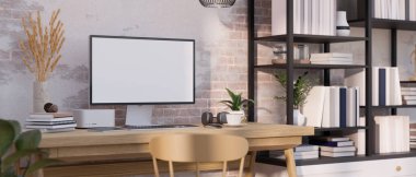 Modern çalışma odasının iç dizaynı bilgisayar modellemeleri ve ahşap masa üzerindeki aksesuarları tuğla duvara, modern kitaplıklara karşı. 3d görüntüleme, 3d illüstrasyon