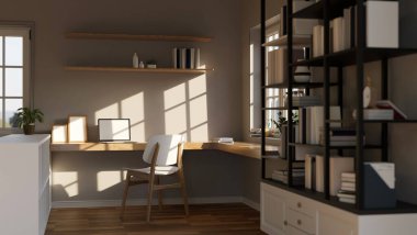 Minimum ve rahat çalışma odası, dizüstü bilgisayarı ve ahşap masa, duvar rafı, modern kitaplıklar, beyaz kitaplık ve dekor. 3d görüntüleme, 3d illüstrasyon
