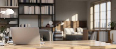 Arka planda bulanık yatak odasının üstündeki ürün gösteriminiz için dizüstü bilgisayarı, kırtasiye malzemesi ve fotokopi alanı olan modern kentsel çalışma alanı ahşap masa. 3d görüntüleme, 3d illüstrasyon