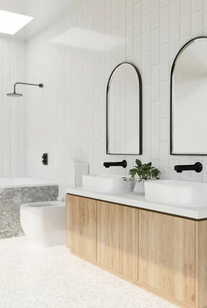 Moderní Městská Bílá Koupelna Design Interiéru Moderní Bílé Dvojité Umyvadlo — Stock fotografie