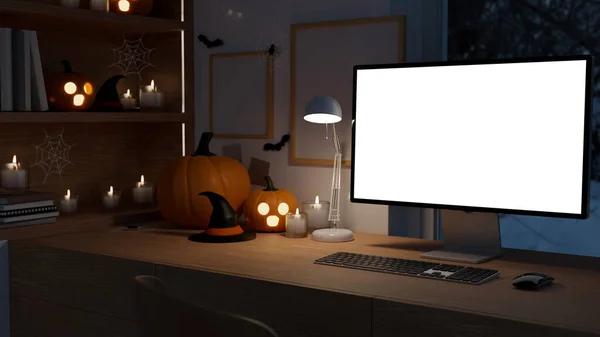 万圣节主题装饰的黑暗工作空间 配有白色桌上型计算机模型 万圣节装饰用品 蜡烛和南瓜 3D渲染 3D说明 — 图库照片