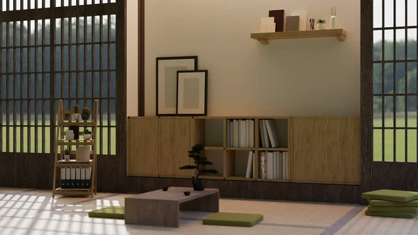 Living room in Traditional Japanese zen style interior with wood coffee table and cushions on Tatami floor, wood cabinet, bonsai tree, and decor. 3d rendering, 3d illustration