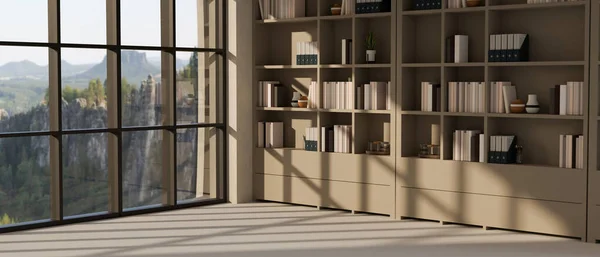 モダンな現代的なオフィスルームや読書室のインテリアデザインには 組み込みの本棚 大きなガラス窓の壁と装飾があります 3Dレンダリング 3Dイラスト — ストック写真