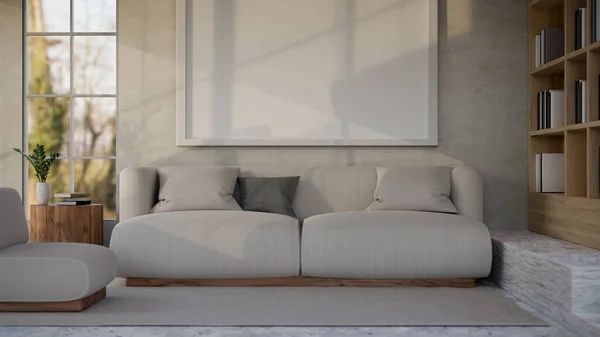 舒适舒适的客厅室内设计 舒适的沙发 木制书架 木制侧桌 装饰和白色墙壁上的大框架模型 3D渲染 3D说明 — 图库照片