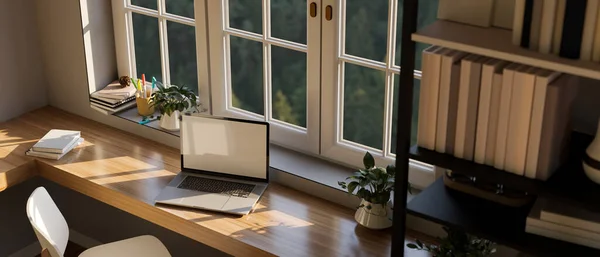 Minimale Wohnraumgestaltung Mit Notebook Laptop Bildschirm Attrappe Und Accessoires Auf — Stockfoto