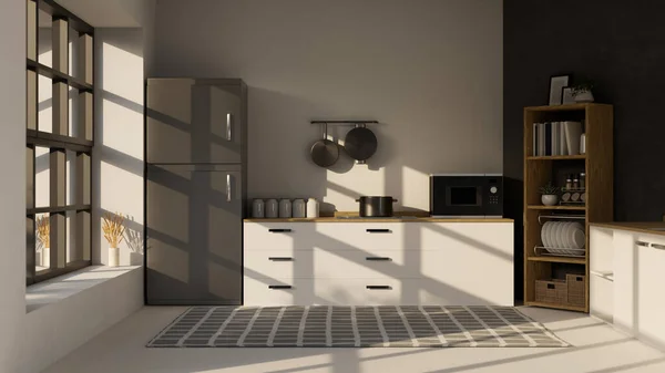 Moderno Diseño Interior Minimalista Cocina Casera Con Nevera Microondas Encimera — Foto de Stock