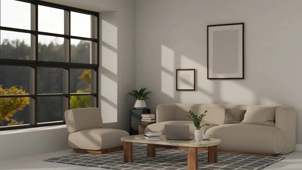 快適なソファ ミニマリストのコーヒーテーブル 家の装飾 屋内植物 大きな窓と白い壁にフレームモックアップと最小限の快適な家庭のリビングルームのインテリアデザイン 3Dレンダリング 3Dイラスト — ストック写真