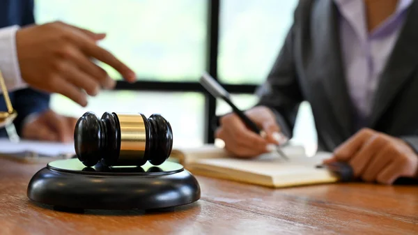 Judge Gavel Judge Hammer Wooden Office Desk Blurred Background Lawyer — Stock Photo, Image