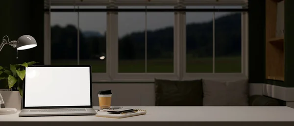 在舒适的客厅里的工作空间 带有手提电脑的白色屏幕模型 咖啡杯和复印空间 供您的产品在白色桌面上展示 3D渲染 3D说明 — 图库照片