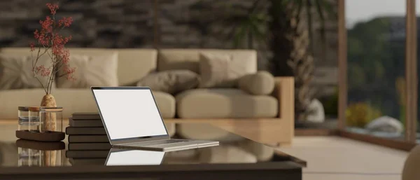 Espaço Trabalho Casa Com Maquete Tela Branca Para Laptop Acessórios — Fotografia de Stock