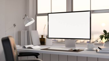 Penceresinde beyaz bilgisayar, masa lambası, kitap ve aksesuarları olan modern ofis masası. 3d görüntüleme, 3d illüstrasyon