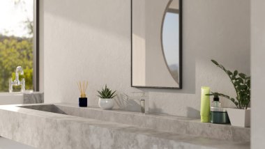 Modern banyo iç tasarımı, modern çatı katı çimento lavabosu, şık ayna, banyo aksesuarları ve dekor fabrikası. 3d görüntüleme, 3d illüstrasyon