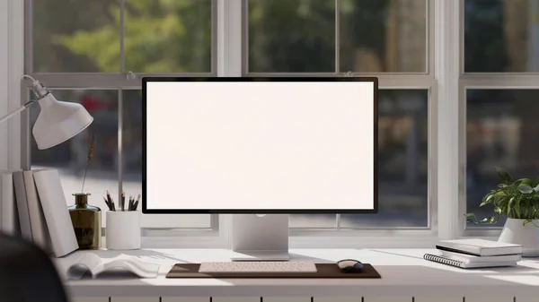 Modern minimal office desk workspace against the window with white screen desktop computer, keyboard, mouse and office accessories. close-up image. 3d rendering, 3d illustration