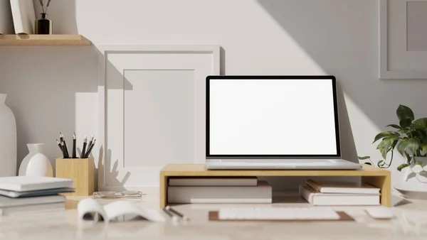 Close Εικόνα Μοντέρνο Λευκό Χώρο Εργασίας Laptop Λευκή Οθόνη Mockup — Φωτογραφία Αρχείου
