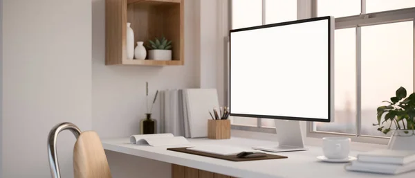 Modernes Interieur Weißem Arbeitsraum Mit Desktop Computer Weißbildschirm Attrappe Und — Stockfoto