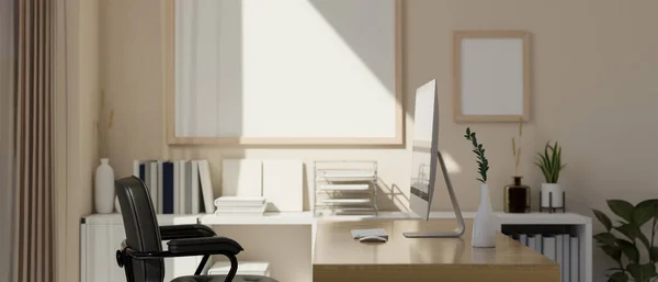 Minimal comfortable office desk workspace with pc computer, office supplies, office chair, minimal white cabinet and decor. rear view. 3d rendering, 3d illustration