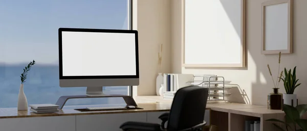 Minimal Cozy Office Workspace Interior Design Modern White Desktop Computer — Stock Photo, Image