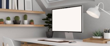 Modern, minimal ofis masası ya da çalışma masası boş beyaz PC masaüstü bilgisayar modeli, klavye, fare, masa lambası ve dekor bitkileri beyaz masada. 3d görüntüleme, 3d illüstrasyon