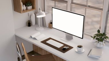 Beyaz bilgisayar, klavye, kitap, masa lambası ve dekoru olan modern ofis çalışma alanı, ahşap sandalye. 3d görüntüleme, 3d illüstrasyon
