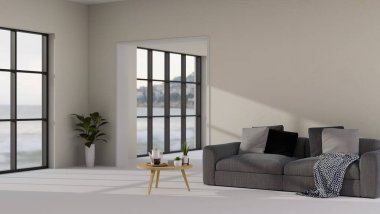 Konforlu kanepe, yastık, battaniye, ahşap sehpa, ev bitkisi ve büyük cam pencereli modern kentsel oturma odası iç tasarımı. 3d görüntüleme, 3d illüstrasyon