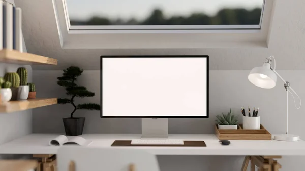 Modern Minimal Home Working Space Attic Room Interior Design White — Stock Photo, Image