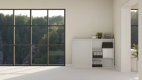 大きな窓の上に白い床に白いファイルキャビネット 屋内植物や空のスペースとモダンな最小限の空のオフィスルームのインテリアデザイン 3Dレンダリング 3Dイラスト — ストック写真