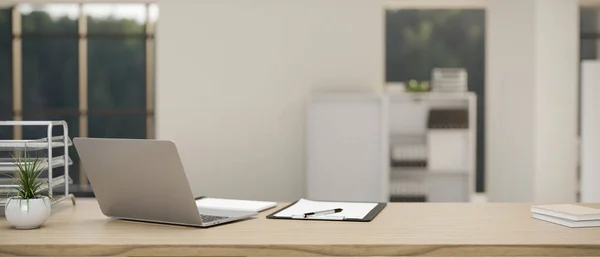 Moderner Schreibtischarbeitsplatz Mit Laptop Klemmbrett Büroaccessoires Und Platz Auf Einer — Stockfoto
