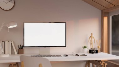 Modern bilgisayar masaüstü beyaz ekran modeli ve aksesuarları beyaz masa, beyaz duvar, ahşap tavan olan ev yapımı çalışma odasında minimal beyaz ve ahşap iç tasarım. 3d görüntüleme, 3d illüstrasyon