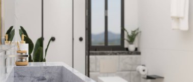 Yakın plan dikiz aynası, modern lüks banyo iç tasarımı mermer tezgah, tuvalet, banyo aksesuarları ve dekorlu. 3d görüntüleme, 3d illüstrasyon