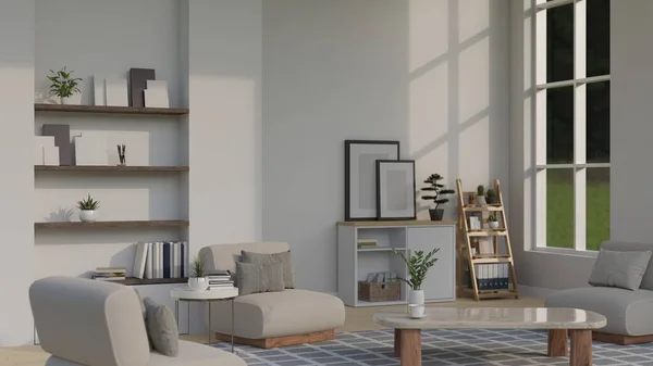 快適なソファ コーヒーテーブル 組み込みの棚 家の装飾 窓と白い壁とミニマリストの白い広々とした家庭のリビングルームのインテリアデザイン 3Dレンダリング 3Dイラスト — ストック写真