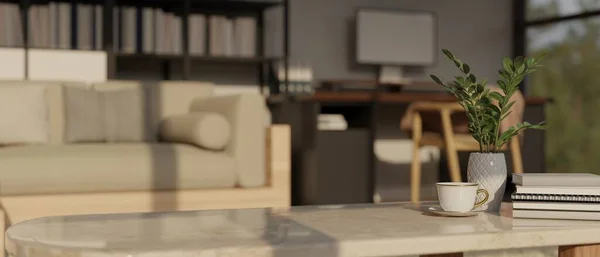 クローズアップ画像 背景にコンピュータデスク付きのぼやけた現代のリビングルームの上にコーヒーテーブルの製品表示のためのスペースをコピーします 3Dレンダリング 3Dイラスト — ストック写真