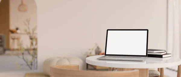 Notebook Laptop White Screen Mockup White Table Cozy Minimal Cafe — Stock Photo, Image