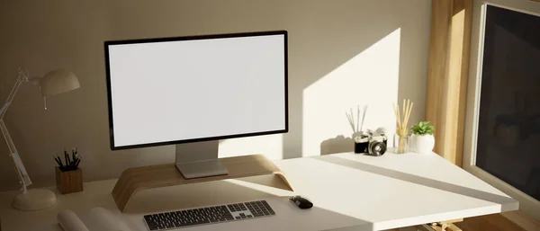 Cozy Minimal Home Workstation White Wood Material Design Modern Desktop — Stock Photo, Image