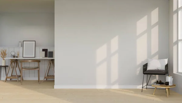 最小限のワークステーション スタイリッシュなアームチェア コーヒーテーブル 白い壁の上に空のスペースと北欧の快適なリビングルームのインテリアデザイン 3Dレンダリング 3Dイラスト — ストック写真