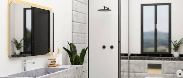 Moderní Elegance Bílá Koupelna Design Interiéru Mramorovou Koupelnou Pult Kohoutkem — Stock fotografie