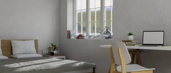 Modernes Minimalistisches Schlafzimmer Interieur Mit Bett Mit Bequemen Bettlaken Und — Stockfoto