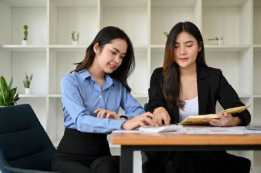 Çekici Asyalı kadın muhasebeciler ofiste birlikte çalışıp satış ve mali raporları üzerinde çalışıyorlar..