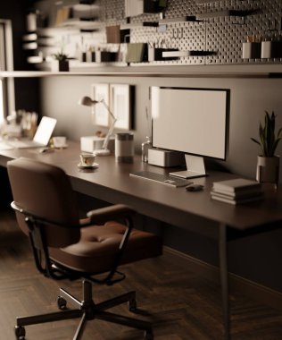 Karanlık ahşap masa üzerinde bilgisayar ve aksesuarları olan modern şehir ofis masası, kahverengi deri ofis sandalyesi. Yan görünüş. 3d görüntüleme, 3d illüstrasyon