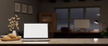 Çalışma alanı masa üstü dizüstü bilgisayar beyaz ekran modeli, ekmek sepeti, çiçek vazosu ve arka planda bulanık ofis ya da merkez ofis ile kopyalama alanı. 3d görüntüleme, 3d illüstrasyon