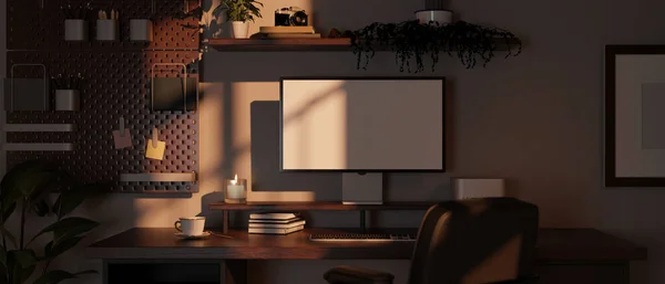 现代家庭办公空间配备台式计算机白屏模型 书籍和咖啡杯 3D渲染 3D说明 — 图库照片