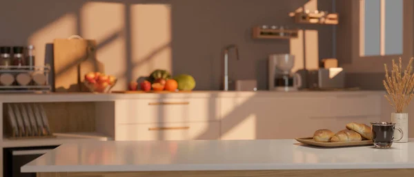 Moderne Keuken Met Witte Tafel Met Kopieerruimte Voor Product Witte — Stockfoto