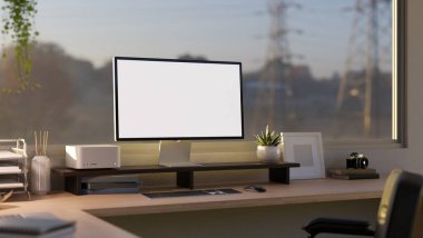 Pencerelere karşı modern ofis masası, bilgisayarın bilgisayar modellemesi ve masadaki ofis malzemeleri. Görüntüyü yaklaştır. 3d görüntüleme, 3d illüstrasyon